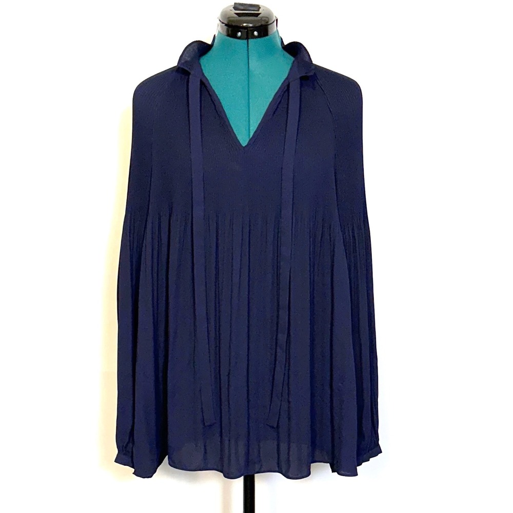 Lauren Ralph Lauren‎ Navy Blue Pleated V-Neck Tie Blouse Long Sleeve Top 0617